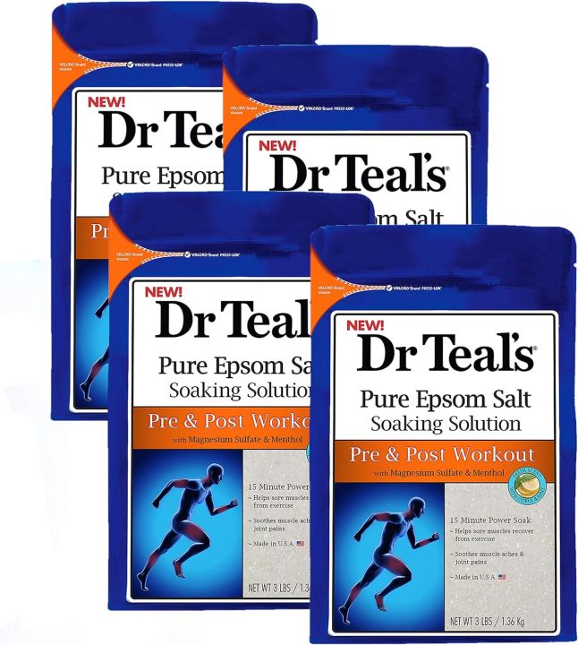 Dr. Teals Pre & Post Workout Epsom Salt Soaking Solution (4 Pack, 3lbs Ea.) - Essential Oils Blended with Pure Epsom Salt & Menthol - Eases Aches & Soreness, Alleviates Daily Stress - At Home Recovery