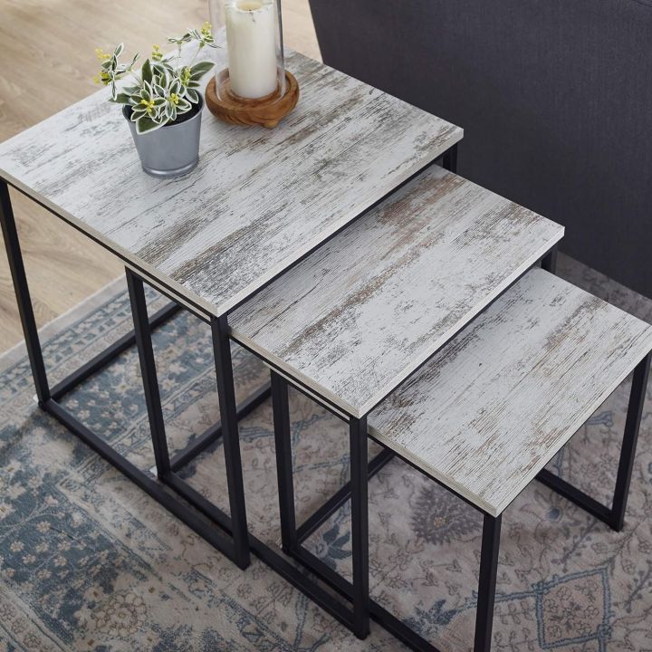 3-Piece Small Size Metal Nesting Square Tea Tables With Wooden Top - Versatile Nesting End Tables, Square Streamline Side Table, Side & Accent Table Set, Serving and Wooden Side Table, Space-Saving Nesting Table and End Table