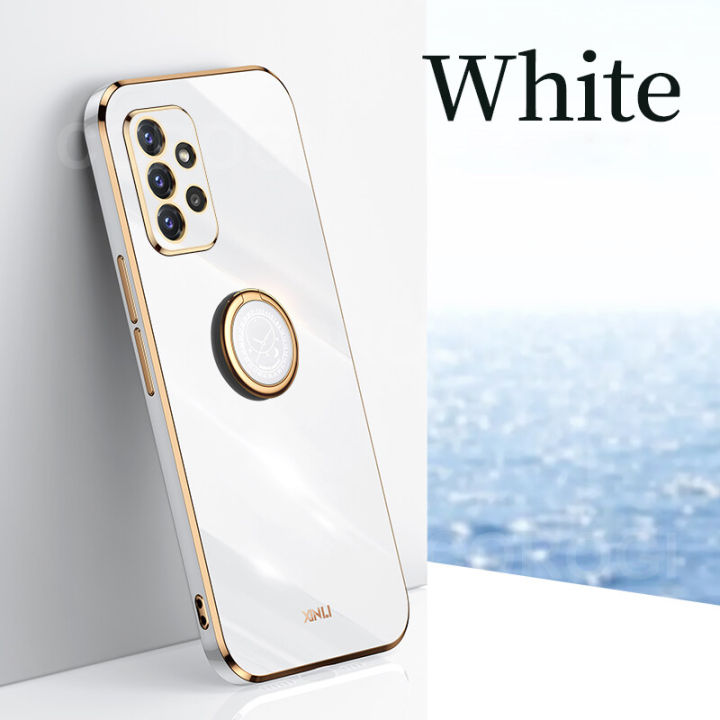 For Samsung Galaxy A32 4G Back Cover with Ring Holder Stand Plating Square Bumper Protective Case Camera Lens Protection Soft Silicone Shockproof Mobile Phone Cases