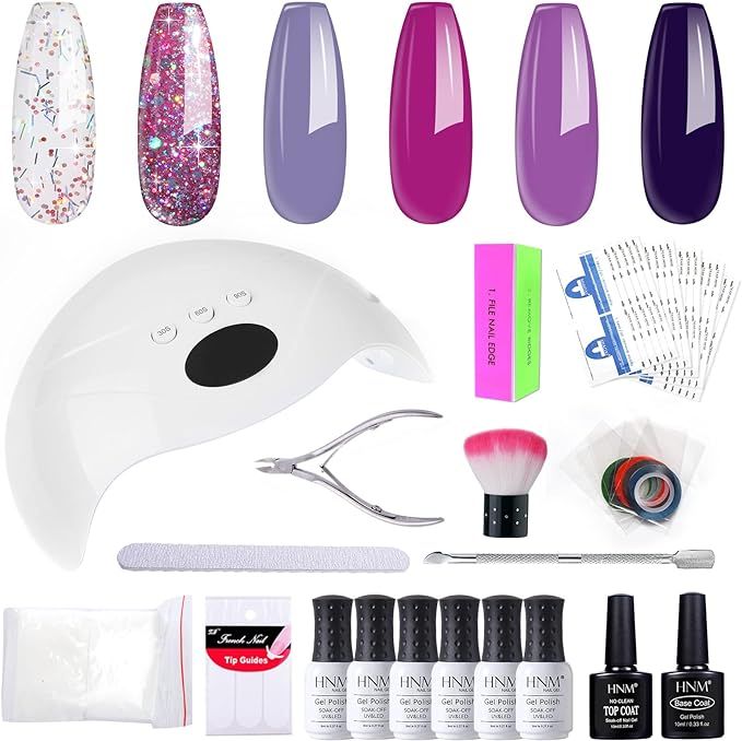HNM 6 Colors Gel Nail Starter Kit with 48W LED Curing Lamp Base and Top Coat UV LED Soak Off Nail Polish Remover Wrap Manicure Tools Gift Set, Purple Gel Polish Full Set For Beginners DIY at Home uk import a966