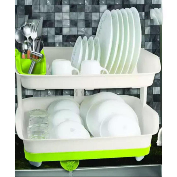 Double Layer Dish Rack with Water Drainer Random Colors length 20 inch height 14 inch width 13 inch