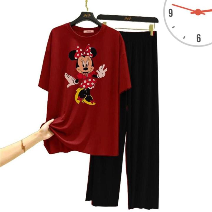 Summer Mickey Mouse Half Sleeve Printed Night Suit For Women And Girls