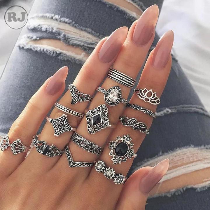 Pack of 15 Antique Design Rings for Girls Set of 15 Premium Quality Silver Black Stone Rings for Ladies Elephant Crown Rings