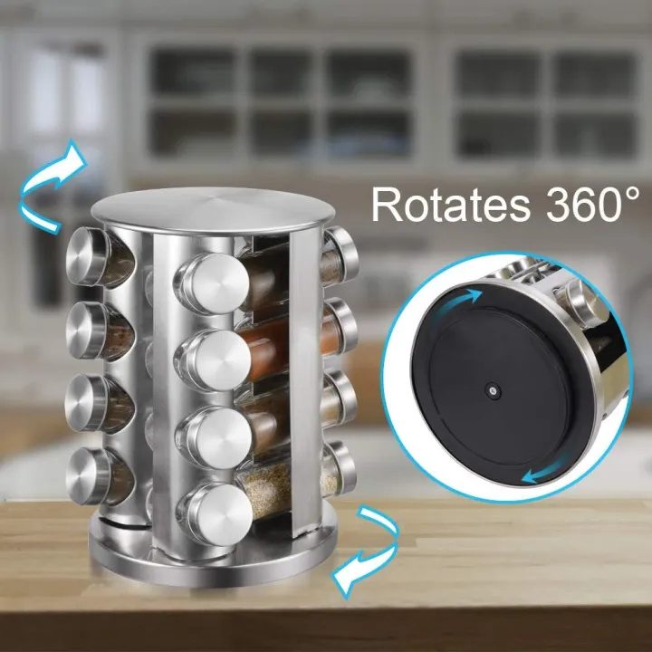 Spice Rack, kitchen rack with 16 Set of Spice Jars, Round Stainless ...