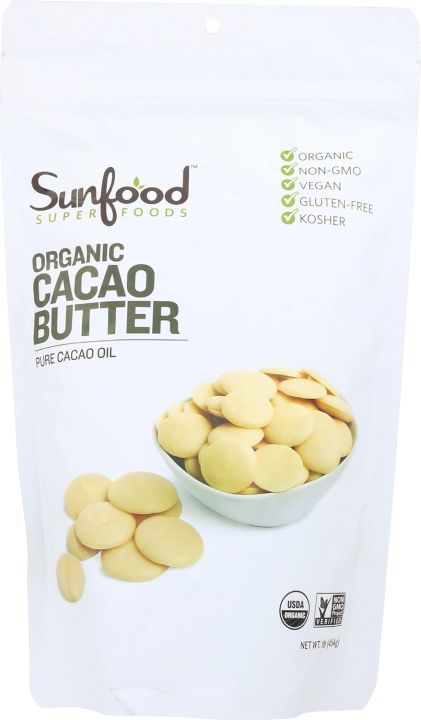 Sunfood Superfoods Organic Cacao Butter. 100% Pure Cacao Bean Oil, Chocolate Taste. Keto Coffee, Smoothies, Dessert, Ice Cream. Ideal for Cooking & Baking. Use as Skin-Care For Healthy Glow . 300 grams Bag