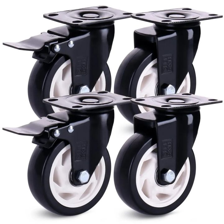 Castor 4Inch Wheels 4Pice Set Heavy Duty PU Rubber Swivel Trolley Furniture Caster with Brakes Black