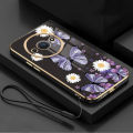 Redmi A3 Little Daisy Luxury Butterfly Flower Casing Square Edges Plating Back TPU Soft Case with Lanyard Cover. 