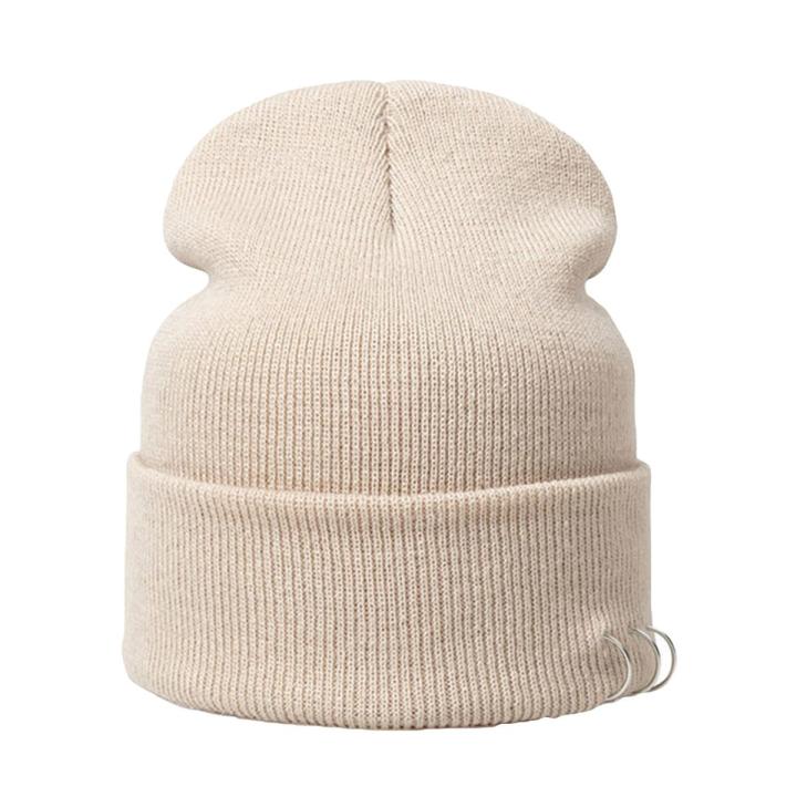 Unisex Metal Ring Knitted Beanie Hat Winter Warm Skull Cap