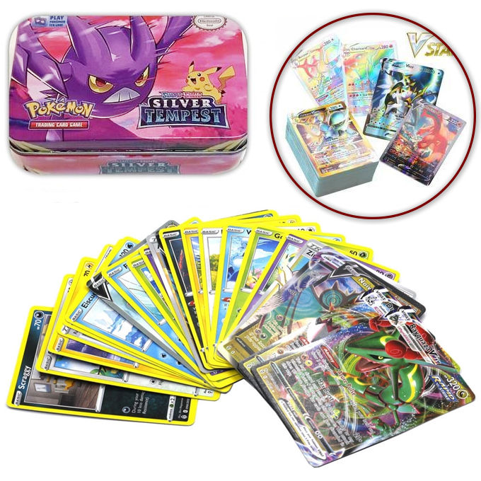 42 Pcs Pokemon Trading Cards Tin Pack Silver Tempest - 42 pcs Anime Cartoon Pokemon English Version Tcg Card For Fans Collection Multicolor Cards Tin Pack - Assorted