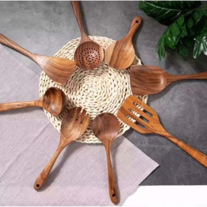 Wooden Spoon Spatula Set 7 Pcs Wood Utensils Set for Non Stick Cookware Tools and Gadgets Kitchen Wooden Cooking Spoon کھانا پکانے والی چمچ
