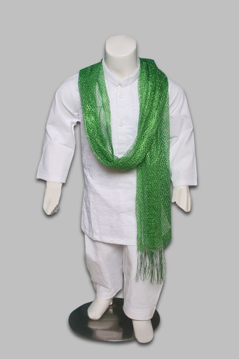 Shalwar kameez for boys-Fabric Soft Cotton Kurta Shalwar-(WHITE CHICKEN) Kids Fashion Age- 1 To 12 Years-Best Premium Quality-with Green Dupatta-1 YEARS TO 12 YEARS