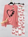 Peach Women Heart Printed Nightwear Set with Butterfly Printed Trousers – Women's Lounge Wear. 