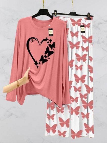 Peach Women Heart Printed Nightwear Set with Butterfly Printed Trousers – Women's Lounge Wear