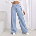 Women's Cloudy Blue High Waist Wide Leg Baggy Jeans, Light Wash Denim, Casual Loose Fit. 