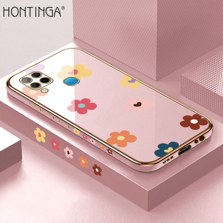 Hontinga for Infinix Hot 10S Back Cover（Free Lanyard）Luxury 6D Plating Falling Flower Side Pattern Case Soft Silicone Square Phone Cases