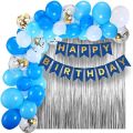 Happy Birthday Decoration Set Theme Including 30 Balloons ( 10 Blue 10 Light Blue 10 White ) Blue Happy Birthday Banner 4 Confetti Balloons Or Silver Foil Curtain. 