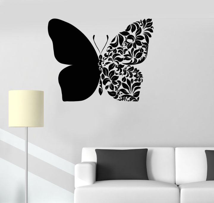 size -2 x 1.5 feet - Floral Butterfly nature self adhesive wall stickers for girls, kids, school, room, office, home decor lovers - Black color - lucky garnet
