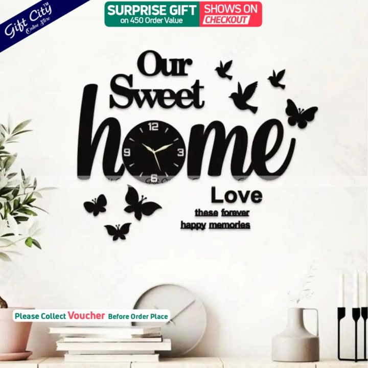 Gift City Presents Butterflies, Birds and Our Sweet Home 3D Wooden Wall Clock For Bedroom, Living Room, and Offices