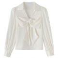 bellylady Puff Sleeve Shirts Large Bow Design Blouse, Slim Fit Lapel Colar Bottoming Shirt, Sweet Style Casual Long-sleeved Tops. 