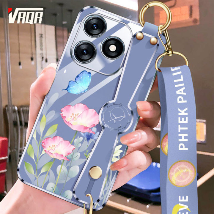 VRQR Wrist Band Case For OPPO Realme C51 Back Cover Butterfly Flowers Pattern Soft Cover With Strap Lanyard Realme C53 Narzo N53 Note 50 C63 C61