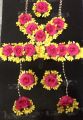Pink and Yellow Wedding  Artificial Flower Jewellery Set / Gajra/ Bracelets / Earing/ Ring / Tikka   For Mendhi, and Multi faction #-JS04. 