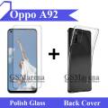 Oppo A92 Tempered Glass Screen Protector Polish Glass and Back Cover Soft Crystal Clear Transparent Case 2-in-1 Combo. 