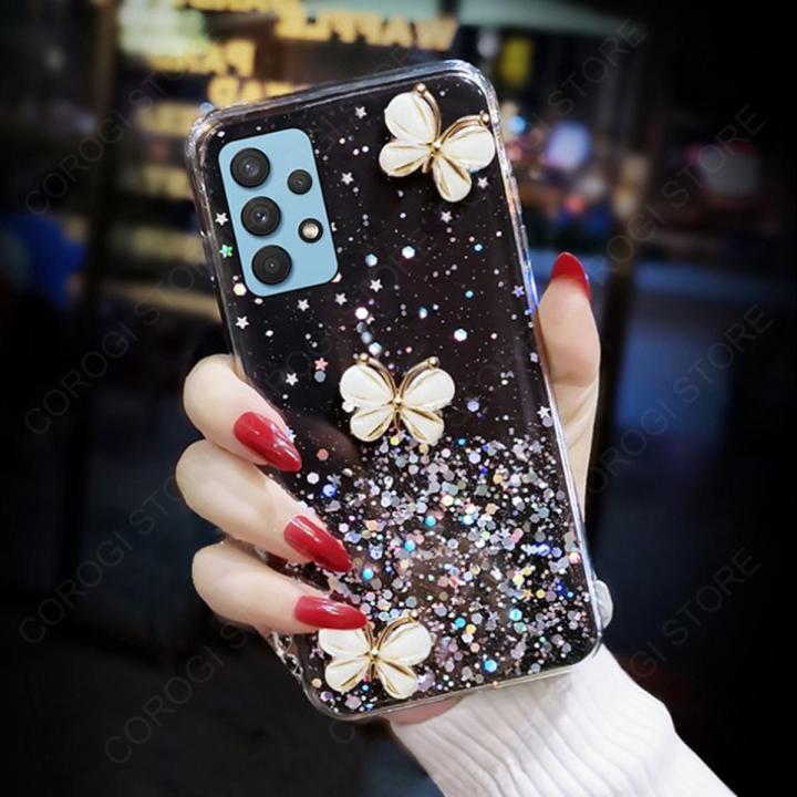For Samsung Galaxy A72 Cover Fashion 3D Diamond Butterfly Shiny Glitter Starry Space Phone Case Clear Soft TPU Silicone Shockproof Protective Back Cover
