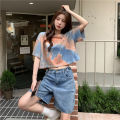 Women T-shirt Fashion Tie-dye Printed Short-sleeved Pullover Loose Contrast Color Crop Top. 