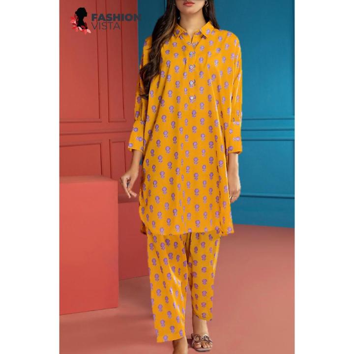 Fashion Vista Unstitched 1 Piece Digital Printed Lawn Shirt - Mustard