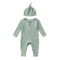 Infant Baby Jumpsuit and Hat Set, Solid Knit Ribbed Long Sleeve Crew Neck Button Romper One-Piece Clothes. 