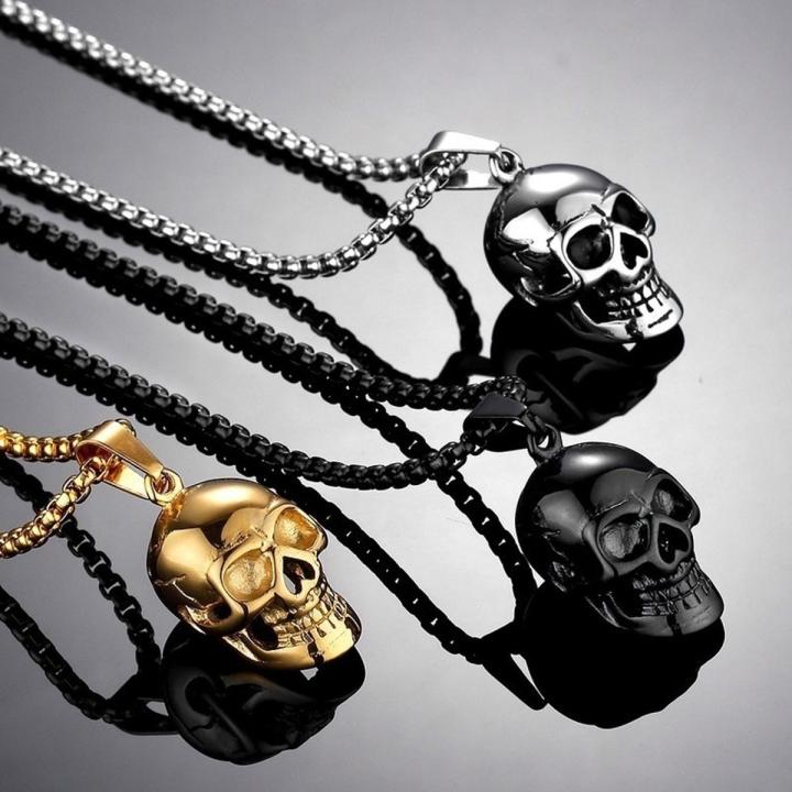 Vintage Punk Stainless Steel Skull Chain Pendant Necklace- Gold