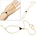 Women Fashion Stylish Punk Golden Tone Alloy Chain Link Two Finger Ring Bracelet. 