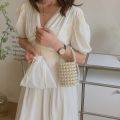 Elegant Women’s Pearl Bucket Tote Bag - Handmade Woven Crossbody without strip. 