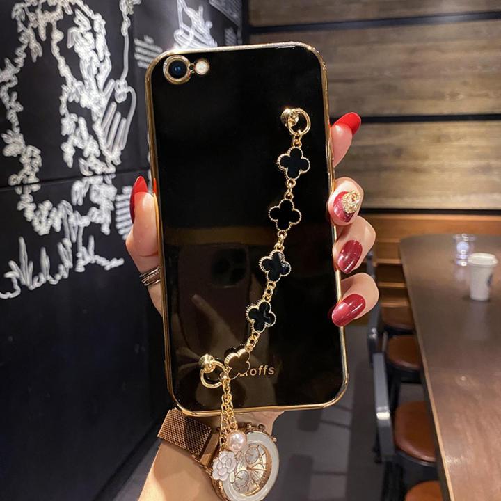 For iPhone 6s Plus / iPhone 6 Plus Back Cover with Bracelet Wristband Luxury Clover Chain 6D Plating Frame Shiny Girls Cases Soft Silicone Square Protective Mobile Phone Case