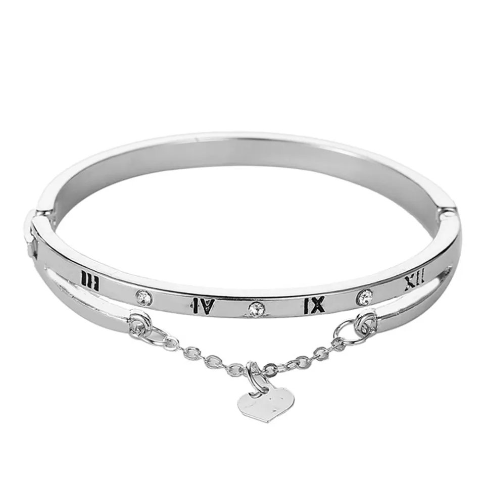 Women Roman Numerals Craved Heart Pendant Chain Bracelet Bangle