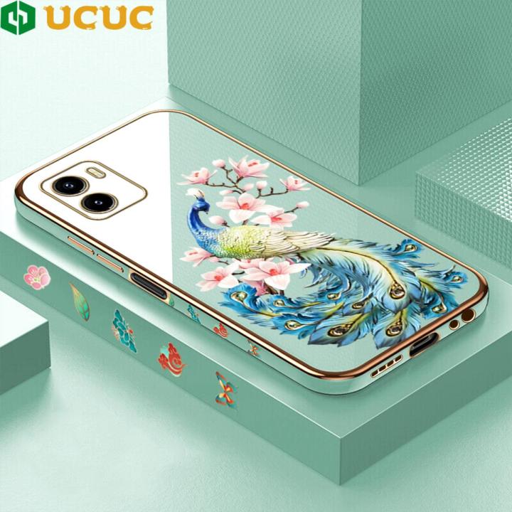 UCUC for Vivo Y15S/Y15A/Y01 Back Cover + Free Lanyard Elegant Flower Peacock Luxury 6D Plating Case Side Pattern Soft Silicone Square Phone Cases