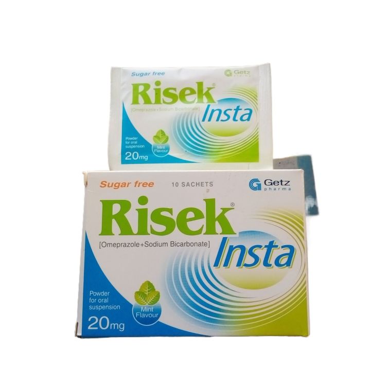 Risek Insta Powder for Oral Suspension 20mg (Omeprazole + Sodium Bicarbonate) – Sugar-Free, Mint Flavour – 10 Sachets