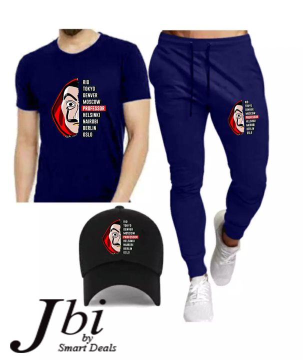 Bella Ciao Printed Summer Tracksuit Half Sleeves Round Neck T-Shirt Trouser With Printed Cap Tracksuit for Men Blue Summer Bella Ciao Mens Tracksuit
