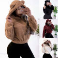 Winter Korean Fashion Bear Ears Cute Loose Hoodie Fluffy Hooded Warm Sweatshirt Long Sleeve Top Solid Pullover Clothes For Women. 