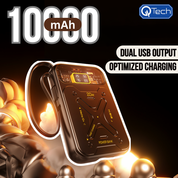 Q122 QTech Powerbank 10000mAh Mini Size with Dual USB Output | Built-in Charging Cable for iPhone | Digital Display | Stylish & Compact Powerbank Design | Reliable Backup Power for Android, iPhone, WiFi Routers | Portable Powerbank for Travel | Durable &