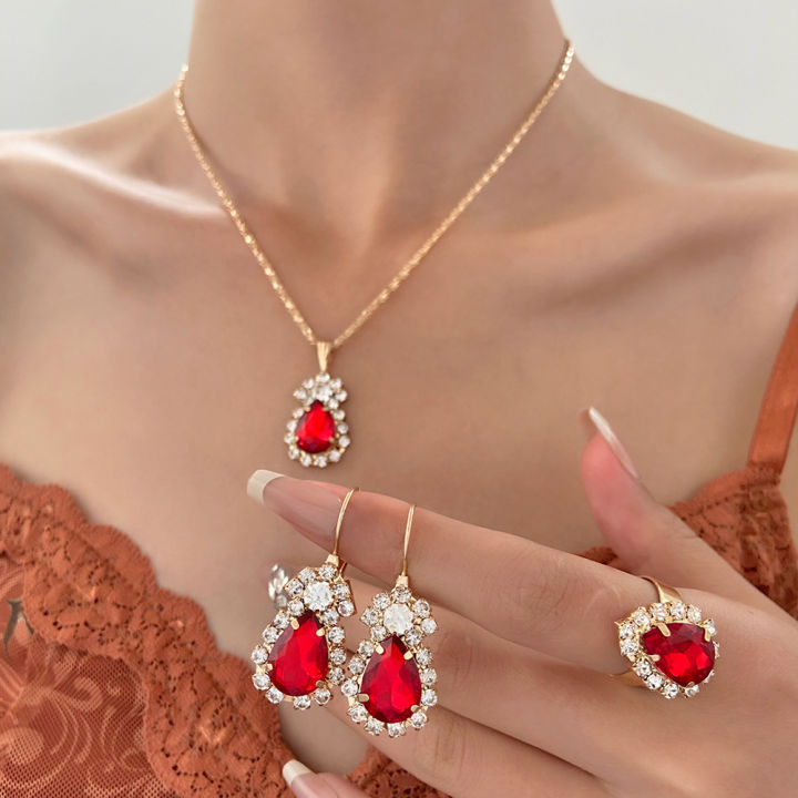 【Hot demand】Europe and America ins Water Drop Jewelry Set Personalized Fashion Color Rhinestone Necklace Earrings Ring Set Bridal Jewelry