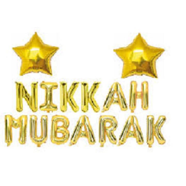 “NIKAH  MUBARAK” Foil Balloons Golden with 2 Stars - Letter Balloons For Nikah Event Party Decoration Nikah Mubarak Decor Supplies