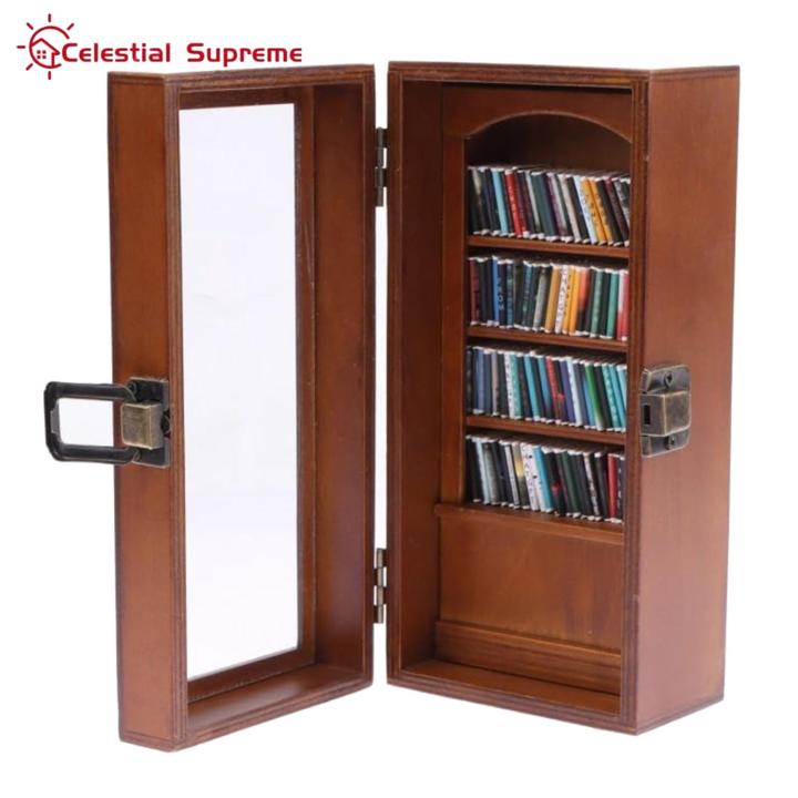 Miniature Book Model Wooden Mini Bookshelf Display Cabinet with 80 Tiny Books Desktop Decoration Stress Relief Gift for Birthday Buyer's Choice Wooden Bookshelf