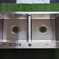MAXILON ITALY 82x45cm Handmade Double Bowl Kitchen Sink - 304 Stainless Steel with Knife Holder, Soap Bottle & Complete Fittings (13 Gauge, 9 Inch Depth). 