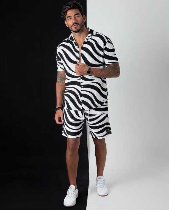 "Men's Zebra Print Two-Piece Outfit - Short Sleeve Shirt and Shorts Set" "Men's Zebra Print Two-Piece Outfit