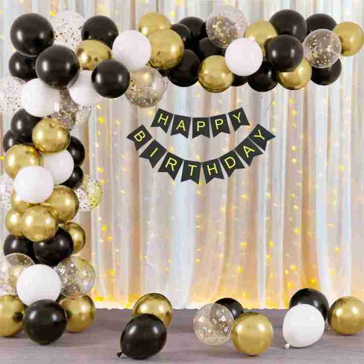 Happy Birthday Decoration Theme Set White, Black & Gold Including Black Happy Birthday banner cards, Latex Balloons, 3 Confetti Ballooons, Fairy light, Fairy light decoration theme
