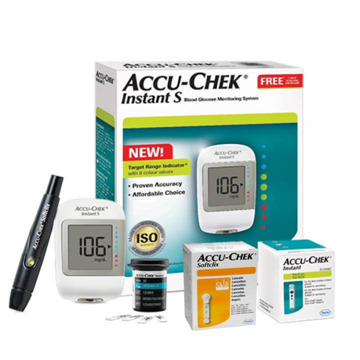 Accu Chek Instant S Sugar Meter with 10 free strips + 50 more strips + 50 Niddle Box