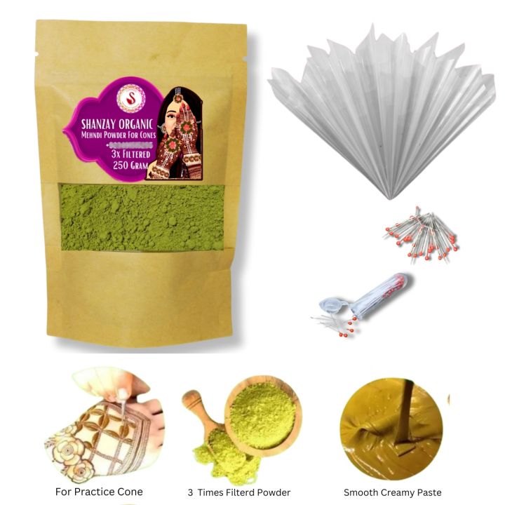 Colorless Organic Mehndi Powder for  Mehndi  Cones and practice   hands    - 250 Grams  mehndi powder with 15 pre rolled empty mehndi cones and 15 mehndi cone pins