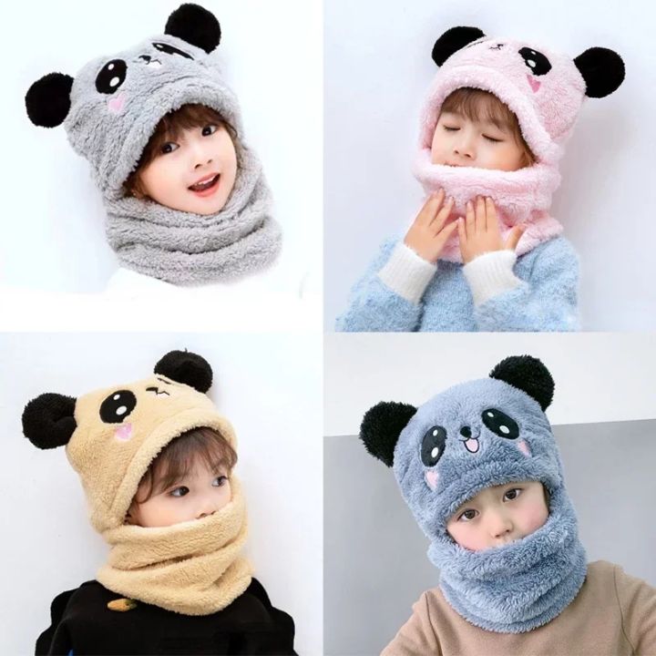 Beanie Cap Neck Warmer Beanie| Wool Caps For Kids Winter Thicken Warm Kids Hat Scarf All-in-one Fleece Boys Girls Cap Beanie Cute Cartoon Panda Toddler Children Hat Bonnet