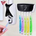 Plastic Set of Toothpaste Dispenser & Toothbrush Holder - White Automatic Tooth paste Dispenser and Tooth brush Holder Set  Wall Mounted Toothpaste Dispenser with 5 Toothbrush Holder Set  Toothpaste Squeezing Machine  Tooth brush Holder. 